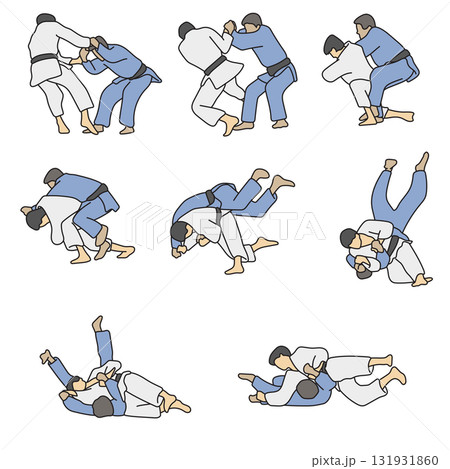 judo fighter throwing the opponent during fight illustration vector hand drawn with black lines judo fighter throwing the opponent during fight illustration vector hand drawn with black lines 131931860