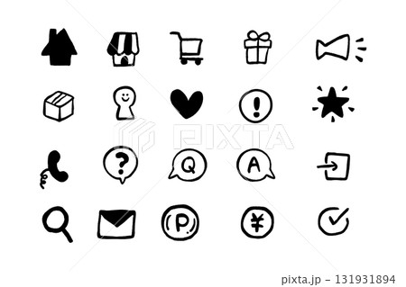 かわいい手描き風のシンプルな黒い線のWebショップのアイコンのセット | 131931894