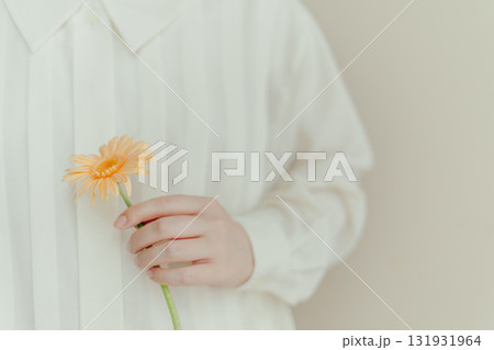 一輪のオレンジ色のガーベラを片手で持つ女性 131931964