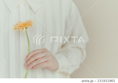 一輪のオレンジ色のガーベラを片手で持つ女性 131931965