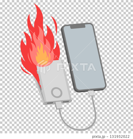 Illustration of a mobile battery charging a smartphone that catches fire 131932022