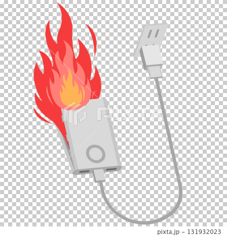 Illustration of a mobile battery being charged with an outlet that catches fire 131932023
