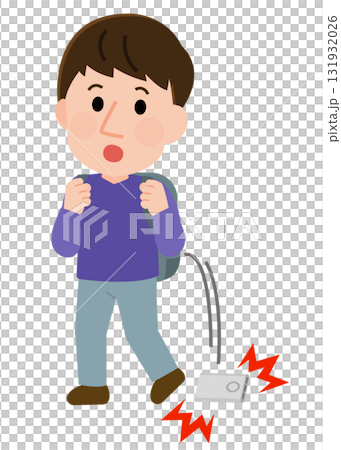 Illustration of a man surprised after dropping a mobile battery 131932026