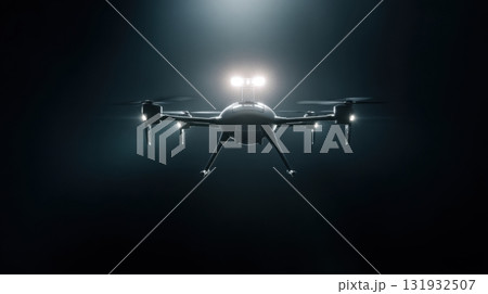 High-tech drone with bright lights hovering in a dark environment High-tech drone with bright lights hovering in a dark environment 131932507