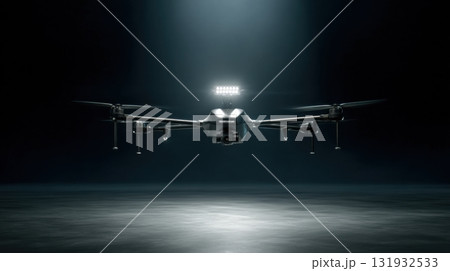 High-tech drone hovering in dark space with bright lights showcasing advanced design and innovation High-tech drone hovering in dark space with bright lights showcasing advanced design and innovation 131932533