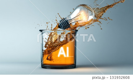 Light bulb splashes into a beaker filled with orange liquid creating an energetic scene of science in action Light bulb splashes into a beaker filled with orange liquid creating an energetic scene of science in action 131932608