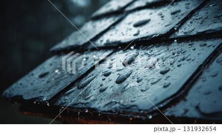 Raindrops collecting on dark roof tiles during a rainy afternoon in an urban setting 131932654