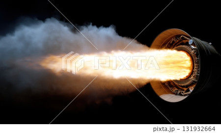 Rocket engine firing with intense flames and smoke at night on a launch pad in a clear sky Rocket engine firing with intense flames and smoke at night on a launch pad in a clear sky 131932664