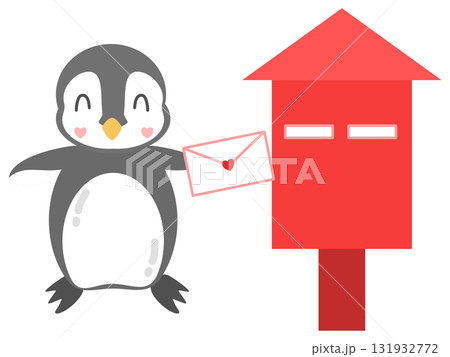 Cute Penguin Sending a Love Letter to a Red Mailbox 131932772