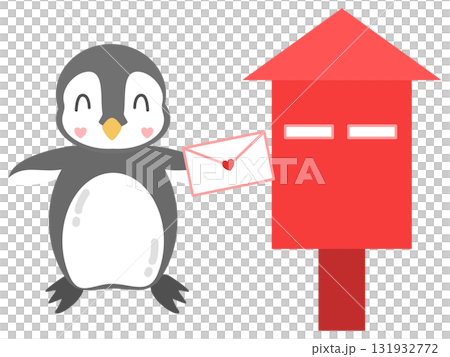 Cute Penguin Sending a Love Letter to a Red Mailbox 131932772