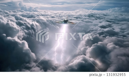 Mysterious spacecraft hovers above dark clouds while emitting a bright beam of light during a stormy sky 131932955