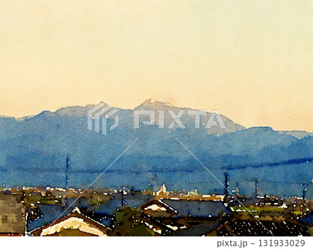 石鎚山と西条市の遠景を描いた水彩画｜愛媛の自然と山の風景 131933029