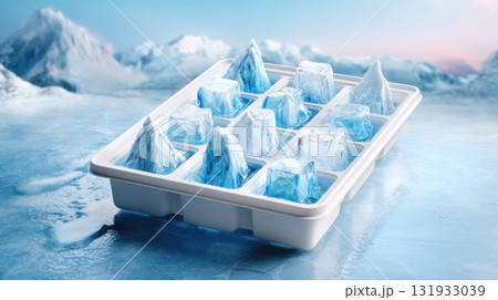 Unique ice cube tray creates mountain-shaped ice sculptures on a frozen surface in a bright setting 131933039