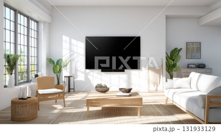 Modern bright living room with minimalist decor and large windows showcasing plants and cozy furnishings 131933129