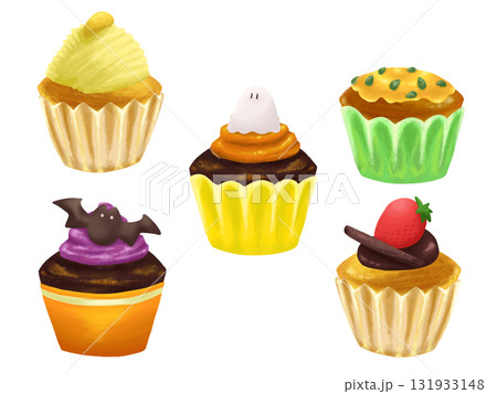 ハロウィンのカラフルなカップケーキのイラストセット 131933148