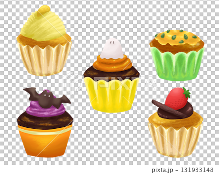 ハロウィンのカラフルなカップケーキのイラストセット 131933148