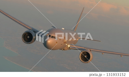 High-performance aircraft flying over coastal landscape during sunset with glowing sky and city in the background High-performance aircraft flying over coastal landscape during sunset with glowing sky and city in the background 131933152