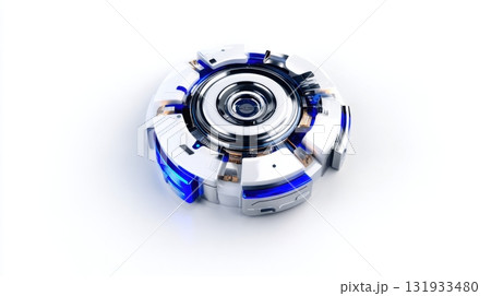 Unique futuristic technology device with blue lighting and sleek design on a white background 131933480