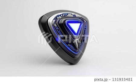 Futuristic triangular device with blue lighting displayed on a plain background 131933481