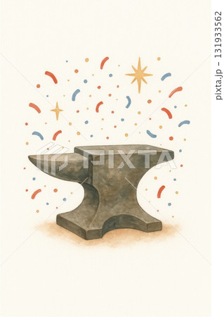 Celebratory Watercolor Illustration of Anvil Surrounded by Sparkles and Confetti Symbolizing Workers Triumphs. Isolated on white background Celebratory Watercolor Illustration of Anvil Surrounded by Sparkles and Confetti Symbolizing Workers Triumphs. Isolated on white background 131933562
