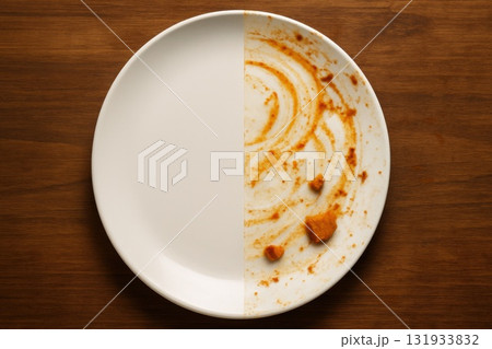 Before and After Dishwashing Concept Kitchen Photography Clean vs Dirty Plate Top-Down View Cleaning Journey 131933832