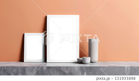Photo frame with transparent cutout on background with vase and abstract deco, PNG file. Mockup template for artwork design. Copy text space 131933898