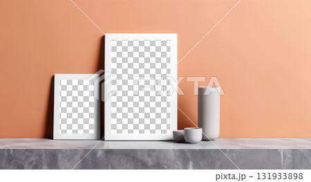 Photo frame with transparent cutout on background with vase and abstract deco, PNG file. Mockup template for artwork design. Copy text space 131933898