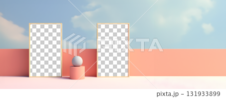 Blank empty Photo frame with transparent cutout on pastel colourful background, PNG file. Mockup template for artwork design. Copy text space 131933899