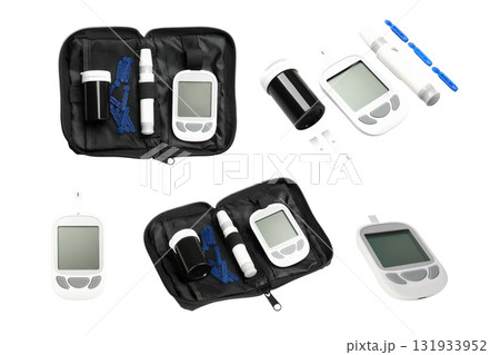 Diabetes kit with glucose meter and accessories, isolated, PNG 131933952