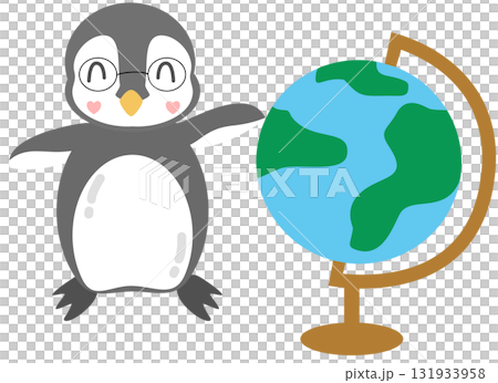 Cute Cartoon Penguin Leaning on a Globe, Social Studies, created by hand drawn Cute Cartoon Penguin Leaning on a Globe, Social Studies, created by hand drawn 131933958