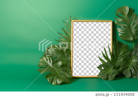 Photo frame with transparent cutout on green background with monstera leaves plant, PNG file. Mockup template for artwork design. Copy text space 131934008