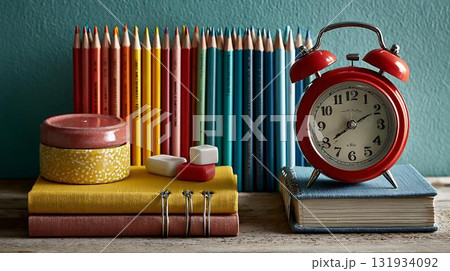 back to school concept with clock and books 131934092