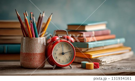 school supplies on wooden table school supplies on wooden table 131934161