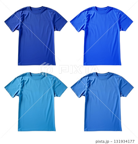 Set of blue tee t shirt round neck on transparent background cutout, PNG file. Mockup template for artwork graphic design Set of blue tee t shirt round neck on transparent background cutout, PNG file. Mockup template for artwork graphic design 131934177
