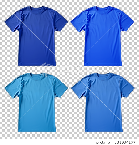 Set of blue tee t shirt round neck on transparent background cutout, PNG file. Mockup template for artwork graphic design Set of blue tee t shirt round neck on transparent background cutout, PNG file. Mockup template for artwork graphic design 131934177