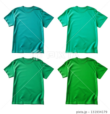 Set of green aqua tee t shirt round neck on transparent background cutout, PNG file. Mockup template for artwork graphic design 131934179