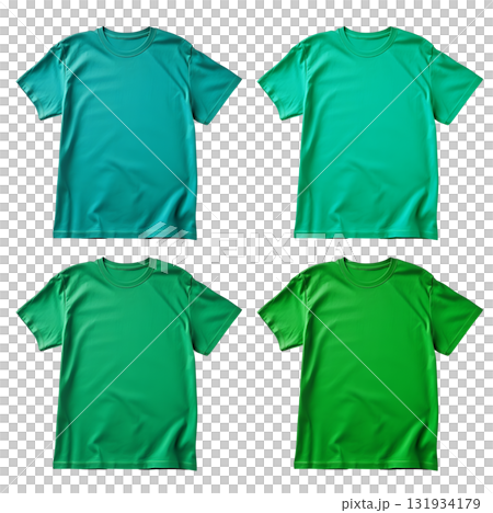 Set of green aqua tee t shirt round neck on transparent background cutout, PNG file. Mockup template for artwork graphic design 131934179