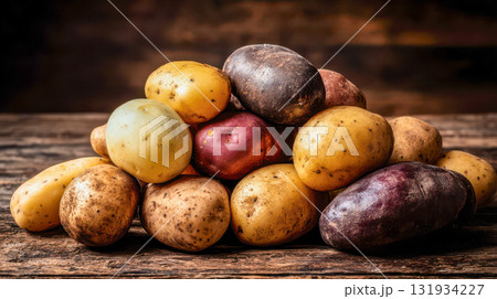 Assorted potatoes on a rustic wooden table, variety of fresh organic root vegetables in natural light Assorted potatoes on a rustic wooden table, variety of fresh organic root vegetables in natural light 131934227