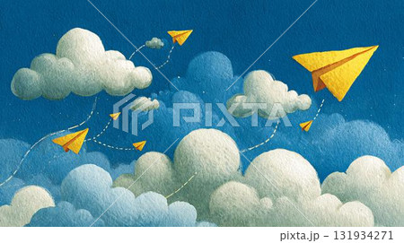 paper art of paper plane and cloud on sky 131934271
