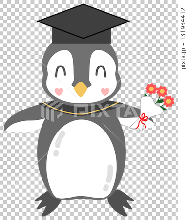 Cute Cartoon Penguin Graduate with a Cap, Gown, and Bouquet 131934412