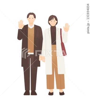 秋冬コーデのカップルが手を振る 正面を向いて手を振る冬服の男女のイラスト 秋冬コーデのカップルが手を振る 正面を向いて手を振る冬服の男女のイラスト 131934834