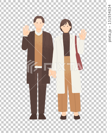 A couple in autumn/winter outfits waving. An illustration of a man and a woman in winter clothes facing forward and waving. A couple in autumn/winter outfits waving. An illustration of a man and a woman in winter clothes facing forward and waving. 131934834