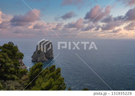 The island of Capri in Italy features the Faraglioni rocks rising from the sea, lush greenery in the foreground, and a pink and purple sky above. The island of Capri in Italy features the Faraglioni rocks rising from the sea, lush greenery in the foreground, and a pink and purple sky above. 131935229