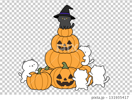 Illustration of stacked Halloween pumpkins and cats Illustration of stacked Halloween pumpkins and cats 131935417