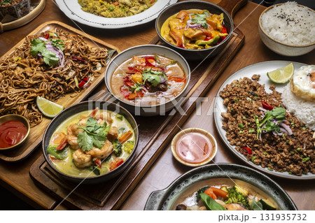 mixed traditional cuisine popular thai food dishes on bangkok restaurant table 131935732