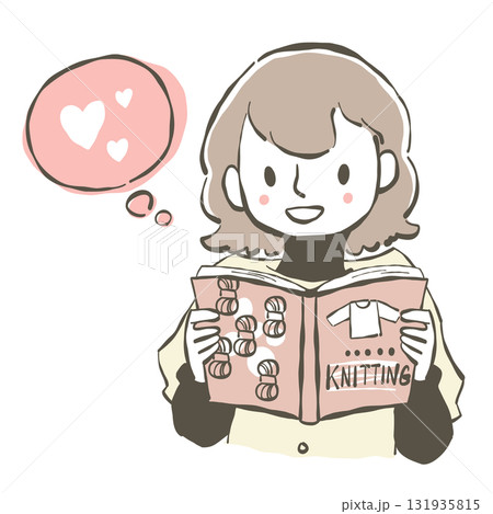 編み物の本を読んで嬉しそうな女性のイラスト 131935815