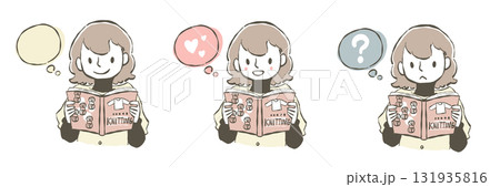 編み物の本を読んでいる女性のイラストセット 131935816
