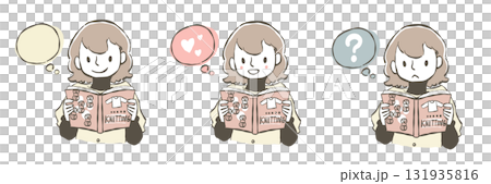 一位女士正在閱讀一本針織書的插圖集 131935816