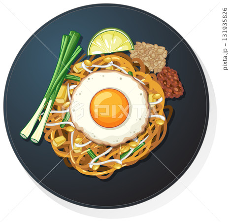 Asian Noodle Dish with Fried Egg and Garnishes 131935826