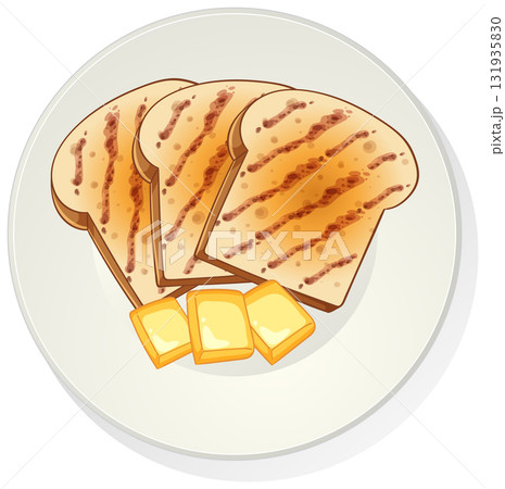 Grilled Toast Slices with Butter on White Plate Grilled Toast Slices with Butter on White Plate 131935830